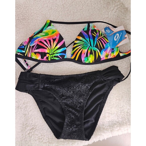 Small O'Rageous Swim Bikini Tropical Top Large Mossimo Black Bikini Bottoms NEW - Picture 1 of 8